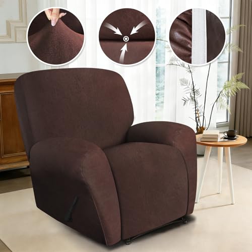 Image of ANARACHON Leather Look Recliner Chair Covers, 4 Pieces Recliner Covers Non Slip, Soft Cover for Reclining Chair, Washable Furniture Protector for Pets (1 Seater, 024 Chocolate)