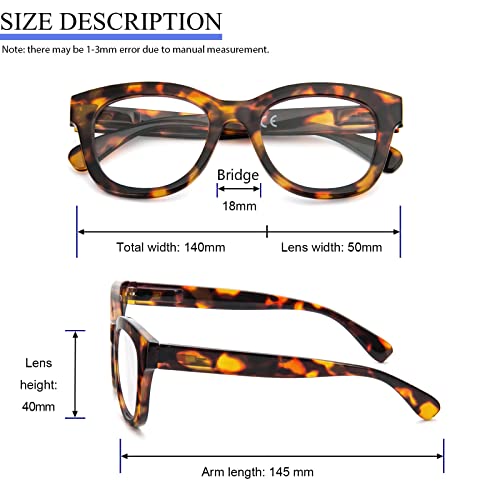 MMOWW Oversized Reading Glasses 3 Pack for Women Blue Light Blocking with Spring Hinge Computer Readers Ladies (Black + Blue + Brown Tortoiseshell - Image 4
