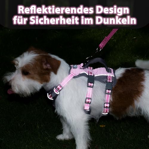 Huntboo Sicherheitsgeschirr Hund Ausbruchsicher, Panikgeschirr für Hunde, Reflektierendes Geschirr Hund mit Griff, Verstellbare Hundegeschirr für kleine, mittelgroße und große Hunde (Hellrosa,S)