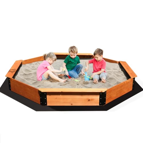 FUNTOK 85''x85''x9'' Octagon Sandbox for Kids, Large Natural Wooden Sandpit with 4 Benches, Bottom Liner, PVC Cover, 198 Lbs Weight Capacity, Sand Box for Backyard, Patio, Outdoor Play