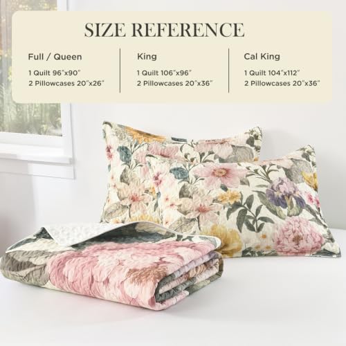 Image of Andency Floral Boho Quilt King Size Bedding Set Beige Blush, 3 Pieces Farmhouse Colorful Flower Botanical Summer Bedspreads with 2 Shams, Soft Reversible Lightweight Coverlet Set All Season, 106 inchx96 inch