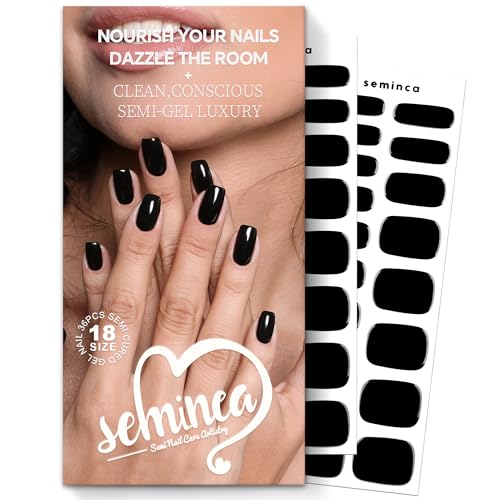 SEMINCA Semi Cured Gel Nail Strips-Gel Nail Stickers with UV Light Required Glossy Salon Look Fast-Easy Apply and Peel Off Long Wear Chip Free Manicure Kit (Onyx)