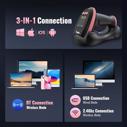 Image of Tera Barcode Scanner Wireless with Screen: Pro Version 1D 2D QR with Setting Keypad Charging Cradle Works with Bluetooth 2.4G Wireless USB Wired Handheld Bar Code Reader HW0009 Pink