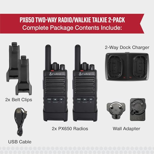 Cobra PX650 Professional Walkie Talkies (2-Pack) – PMR446 Rechargeable Business Two-Way Radios, 300,000 sq. ft/25 Floor Range, Dust Protected and Splashproof (IP54 rating), Black - Image 5