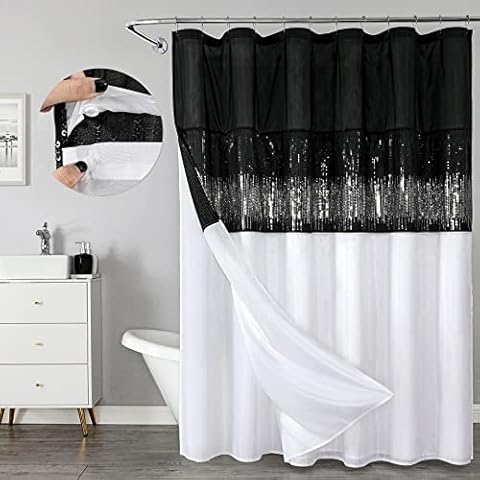 Sequin Shower Curtain Sets with Snap-in Repalcement Liner in Bath Night Sky Shower Curtain Fabric Shower Curtains Block Design for Bathroom 72" X 72" (Removable Black White) Cover