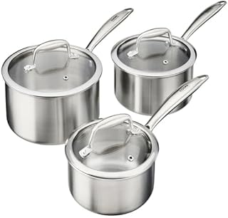 Cooks Professional 3 Piece Tri-Ply Saucepan Set with Tempered Glass Lids | 14, 16 & 18cm Aluminum & Stainless-Steel Cooking Pans | Compatible with All Hobs Inc Induction & Oven Safe