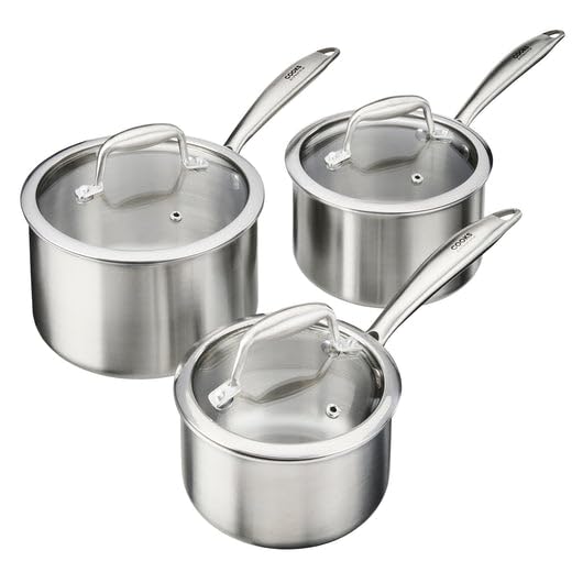 Cooks Professional Juego de 3 cacerolas de tres capas con tapas de vidrio templado | Sartenes de aluminio y acero inoxidable de 14, 16 y 18 cm | Compatible con todas las estufas de inducción y horno