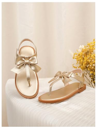 GORGLITTER Girl's Cute Bow Flat Sandals Metallic Gold Ankle Strap Thong Slides Toe Post Vacation Shoes2