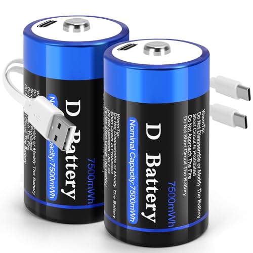 USB Rechargeable Lithium D Cell Batteries 2 Pack LR20 Batteries D Size 1.5V 7500mwh Type D Battery with Charging Cable
