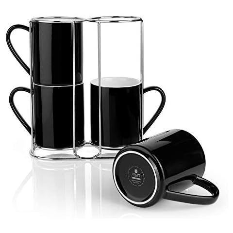 Teocera Porcelain Coffee Mugs with Stand, Coffee Mug Set - 11 Ounce for Tea, Cocoa, and Mulled Drinks - Set of 4, Black Cover