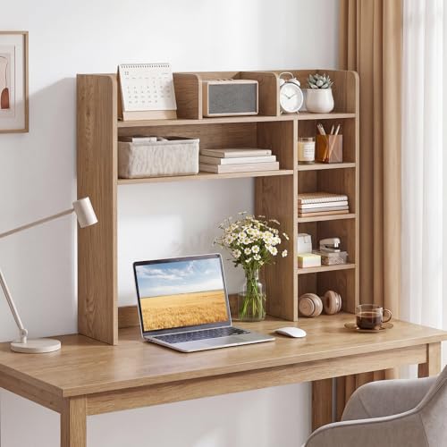 Image of Tangkula Desktop Bookshelf with LED Lights, Desk Hutch with 8 Shelves for Max 25 inch Monitor, Desktop 5-Tier Display Rack, Multipurpose Wood Desktop Storage Hutch Organizer for Dorm Office Home (Natural)
