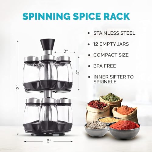 Revolving Spice Rack Organizer - Spinning Countertop Herb and Spice Storage Rack Tower Organizer with 12 Empty Glass Jars Bottles and Labels, Rotating Spice Holder Shelf Seasoning Rack - Image 5