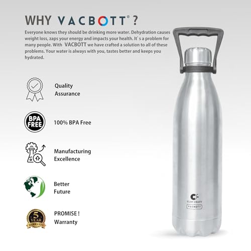 Image of Clay Craft VACBOTT Stark Double Walled 18 Hours Hot and 24 Hours Cold Water Flask Bottle-1800ML, 2-Piece(Silver) Leak Proof|Easy to Carry|Gym Bottle|Home|Kitchen|Hiking|Travel Bottle|BIS Certified