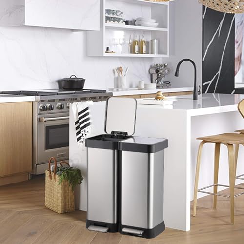 GarveeHome 16 Gallon Step-Open Dual Trash and Recycling Bin with Soft-Close Lid, Modern, Minimalistic for Home, Kitchen, Laundry Room, Office, Bedroom, Bathroom, Without Inner Bucket, 60L(2x30L)