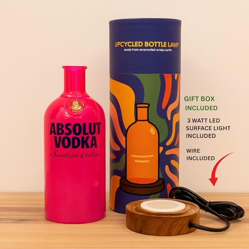 Image of Upcycled Vodka Decorative Bottle Lamp with Wooden Base & Built-in LED Light | Stylish Home & Bar Decor (Pink)