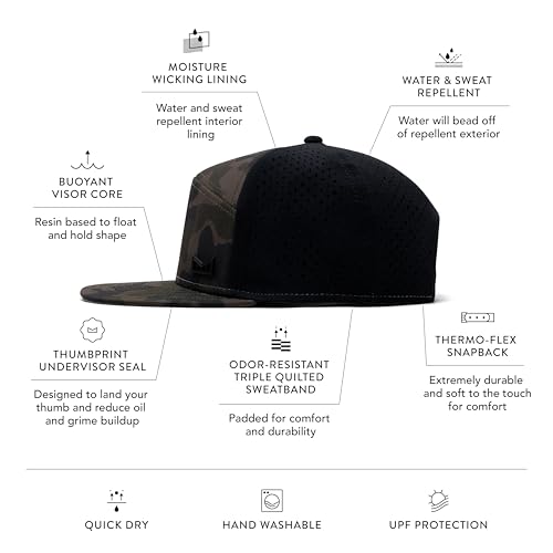 Image of melin Trenches Icon Hydro, Performance Snapback Hat, Water-Resistant Flat Bill Caps for Men & Women, Golf, Running or Workout