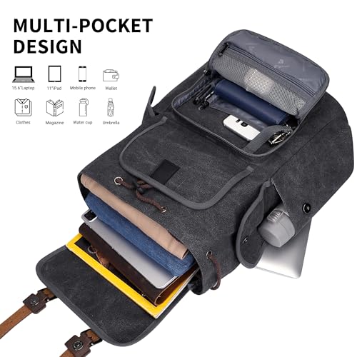 Image of WITZMAN Canvas Backpack for Men Vintage Rucksack Fits 15.6 inch Laptop | Drawstring Backpack, High Capacity Casual Daypack with USB Charging Port, For Vacation, Overnight Trip, A8004 Black /Gery