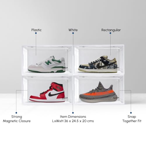 Image of Sneaker Box White (Pack of 4) | Front-Opening, Heavy-Duty | Stackable Shoe Storage Organizer Crate with Magnetic Closure | Clear Sneaker Display & Dust-Proof Access Container
