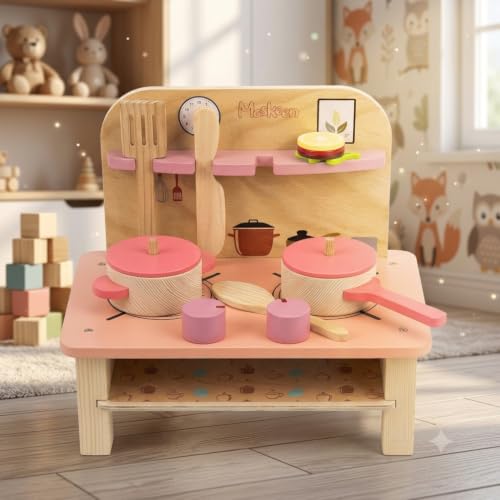 Image of Cute & Stylish Real Wooden Pretend Play Kitchen Set for Kids with Cooking Accessories Montessori Educational Toy Kitchen Playset for Boys Girls and Toddlers (Set-B)