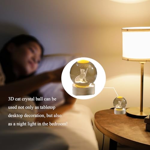 Image of Arikyrist 3D Crystal Ball Decor, Cat Figurines With Wooden Base, LED Laser Engraved Glass Sphere Gifts for Cat Lovers, (7.6 x 6.1 x 7.6 cm)