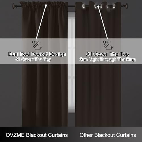 Image of Brown Short Blackout Curtains for Bedroom 54 Inches Long 2 Panels, Modern Window Treatment Solid Thermal Insulated Curtains for Living Room, Dual Rod Pocket Blackout Drapes, 2x40Wx54L Inches