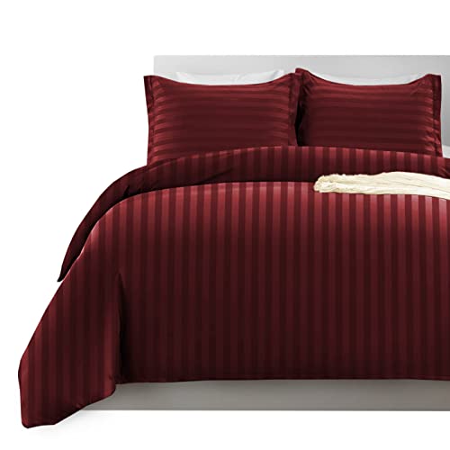 Imperial Rooms Single Duvet Cover Set Reversible Stripes Satin Bedding Set with Pillowcase Breathable Microfiber Duvet Covers (Burgundy 135x200 Cm)