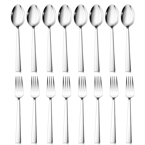 E-far - 16-Piece Spoons and Forks Set, E-far Stainless Steel Square 8 Dinner Forks and 8 Dinner Spoons, Modern Metal Silverware Flatware Cutlery for Kitchen and Restaurant, Dishwasher Safe-7.9 Inch