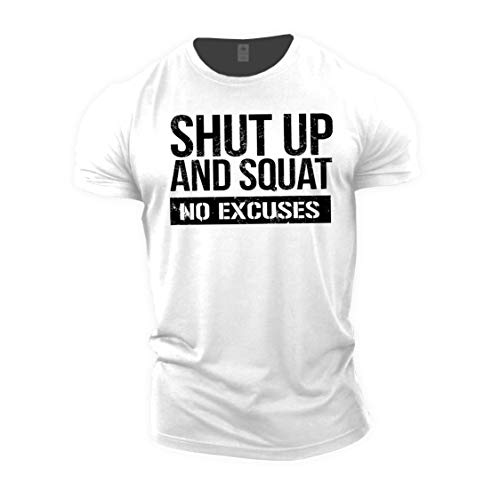 Image of GYMTIER Shut Up and Squat Text Men's Gym T-Shirt Bodybuilding Training Workout Lifting Top Clothing, White, 5XL