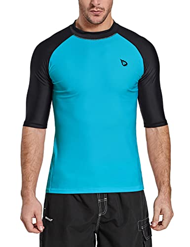 BALEAF Men's Rash Guard Short Sleeve Swim Shirt UPF 50+ Sun Protection Quick Dry Compression Shirt Rashguard Blue/Black Size XXL