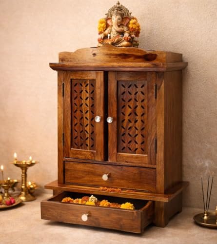 Image of Wudniture Solid Sheesham Wood Floor Standing Pooja Temple with Drawer for Home & Office | Teak Finish