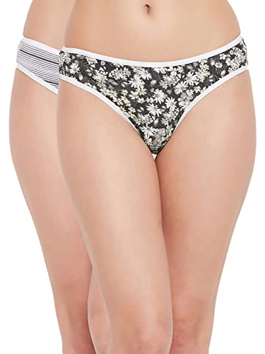 Image of Clovia Women's Cotton Pack of 2 Low Waist Floral Print Bikini Panty in Black & White