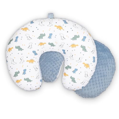 Image of Double-Sided Baby Nursing Pillow Cover Set - 2 Pack - Soft Unisex Breastfeeding Dinosaur Pillow Cover for Girl & Boy with Hanging Loop - Multipurpose Washable Slipcover Case with Waterproof Liner