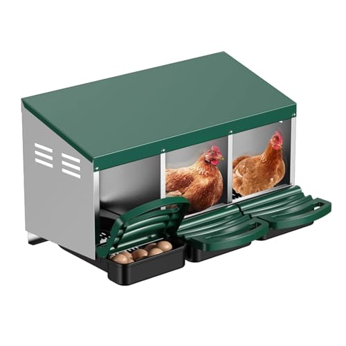 Aivituvin Chicken Nesting Box, 3 Compartments Chicken Egg Laying Box, Metal Nesting Boxes with Swing Perch for Chickens, Roll Away Egg Collection for Chicken Coop (Green)