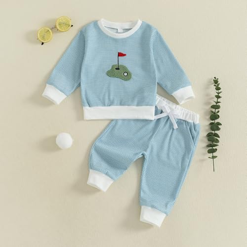 Toddler Baby Boy Golf Outfit Hole in One Embroidery Striped Sweatshirt Top Long Pants Set Fall Winter Golf Clothes4