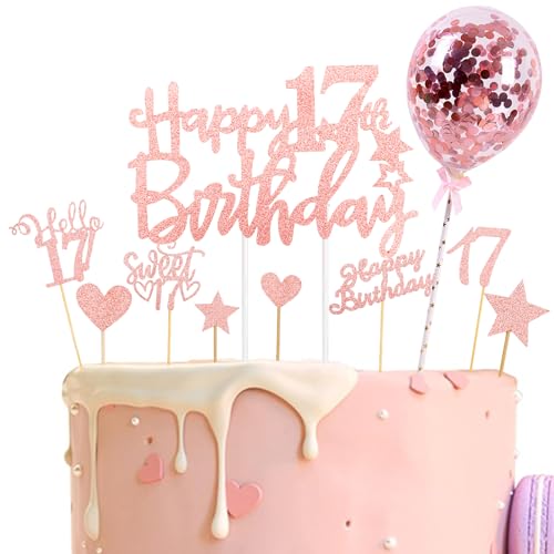 Catelves Tortendeko 17 Geburtstag Mädchen Junge 10 Stk Glitzer Kuchendeko Geburtstag 17 Jahre Mädchen Happy 17th Birthday Cake Topper Roségold Torten Deko 17Geburtstag 17 Geburtstagdeko