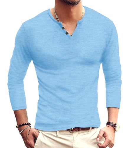 NUOKESASI Men's Casual Slim Fit Basic Henley Long Sleeve Fashion T-Shirt VG Light Blue-Medium