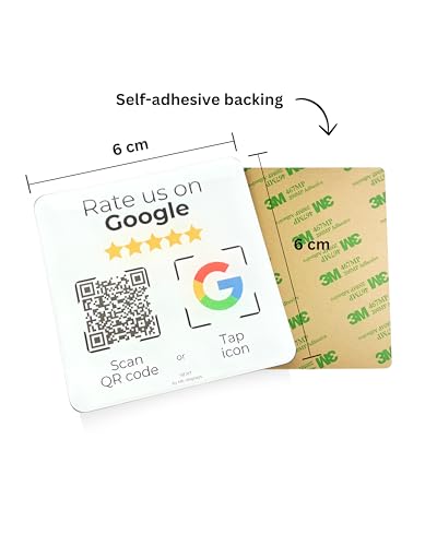 Aufsteller/Aufkleber-Karte für Google Bewertungen - mit QR-Code und NFC - 6x6 cm (1x Pack-weiß-Englisch)