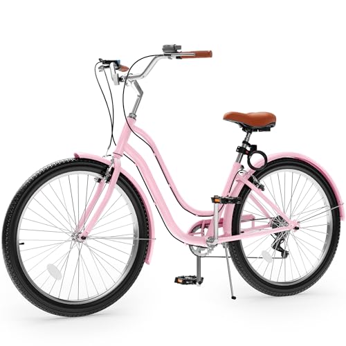 YITAHOME 24 & 26 Inch Beach Cruiser Bike, 7 Speed & Single Speed Commute Bike, Step-Through Bicycle for Adult Women & Men, Steel Frame Cruiser Bike with Full Front & Rear Fenders Pink 26" Wh