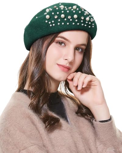 Classic French Wool Beret with Pearl & Rhinestone Embellishments Beanie Cap Style Hat for Women and Girls (US Alpha One Size Green)