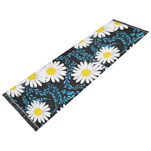 White Daisy Floral Black Runner Rug for Hallways Kitchen Rugs Washable Rug for Lanundry Room Entryway 72 * 23.5 in