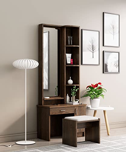 Image of Bniture Dressing Table for Bedroom with 1 Drawer, Mirror and Huge Storage Space with Stool | Long Dresser Vanity Table with Mirror(40D x 68W x 175H CM, Flower Wenge)