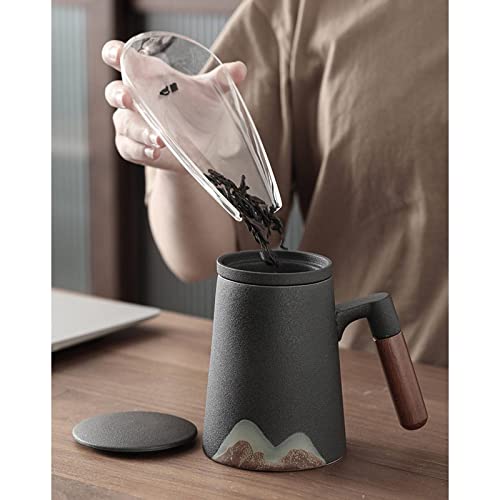 Tubayia Taza de café con asa, tapa con filtro de porcelana, taza de té para café, restaurante, oficina, casa, cocina (negro) - Imagen 4