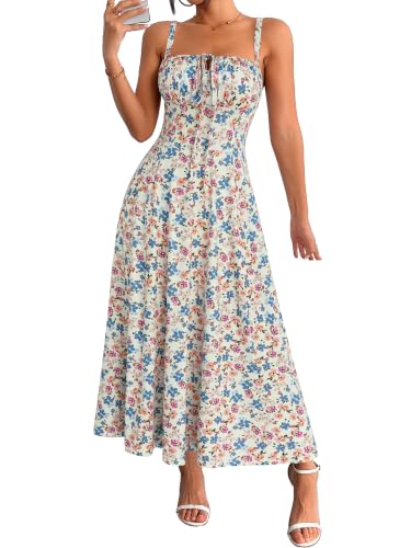 Image of YATHON Women's Summer Midi Corset Boho Dresses Spring Casual Floral Spaghetti Straps Lace Up Dress Flowy Aline Beach Sundress