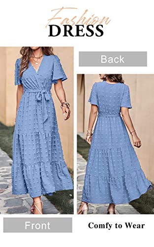 Image of MASCOMODA Women Boho Swiss Dot Maxi Dresses Wrap V Neck Flutter Short Sleeve Solid Tie Waist A Line Tiered Flowy Long Dresses