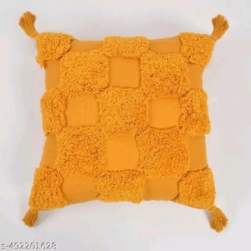 Image of Cushion Cover Pack of 3 (16x16 Inches) | Cotton Textured Decorative Throw Pillow Case for Sofa Bed Living Room Leaf Tufted Cushion Cover with Tassels (Yellow Box)