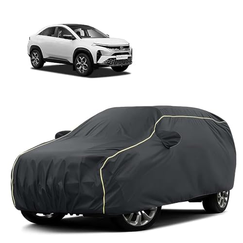 Image of Sulfar 100% Water Resistant Car Body Cover Compatible with Mirror for Tata Curvv (Triple Stitched, Full Bottom Elastic, Dark Grey Tafetta with Yellow Piping)