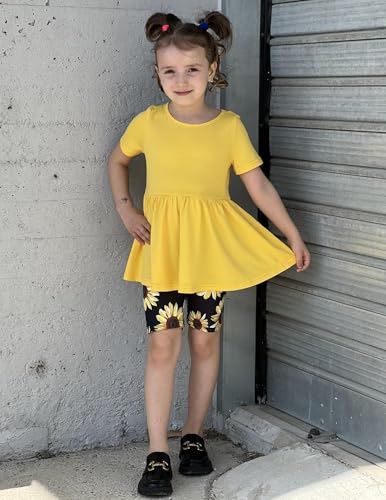 Image of Arshiner Girls Summer Outfits Short Sleeve Ruffle Hem Top and Biker Shorts Set Girl Clothes 4-15 Years