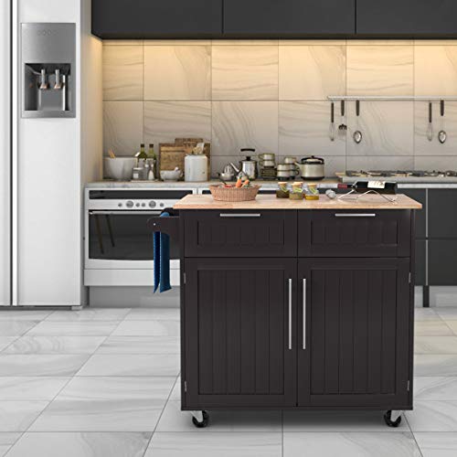 Giantex Kitchen Island Cart Rolling Storage Trolley Cart Farmhouse Islands Home Coffee Bar Serving Utility Cart With Drawers,Cabinet, Towel Rack And Wood Top #TOP1