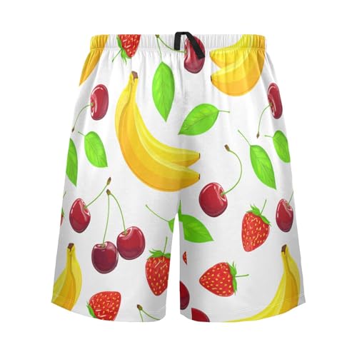 Strawberry Cherry Leaf White Pajama Shorts for Men Lounge Pants Sleep Bottoms Lightweight Pajama Bottoms with Pockets, S-XXL