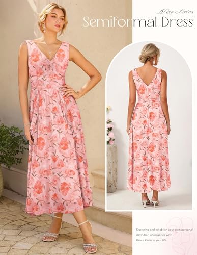 Image of GRACE KARIN Women's Summer Sleeveless Floral Maxi Dress V Neck Formal Wedding Guest Dress A Line Beach Vacation Clothes